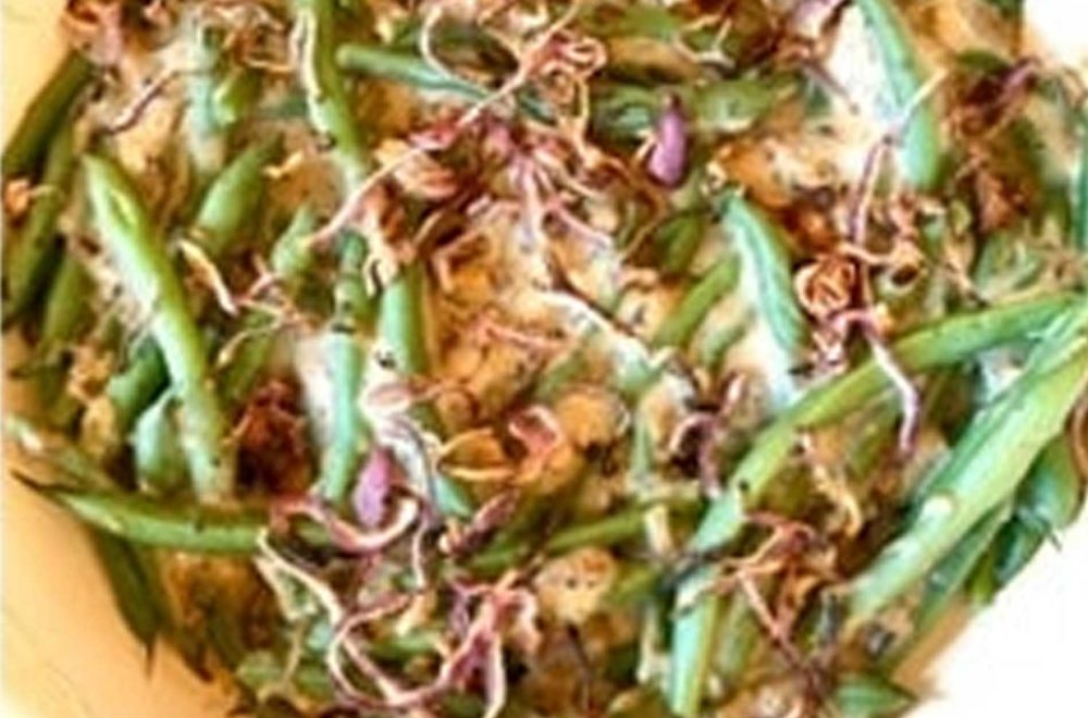 Plant Based Green Bean Casserole with Crispy Onion Topping