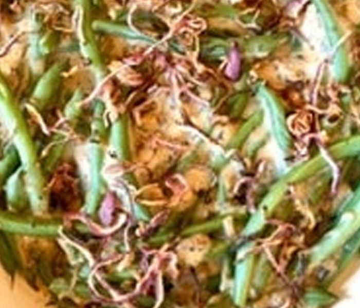 Plant Based Green Bean Casserole with Crispy Onion Topping